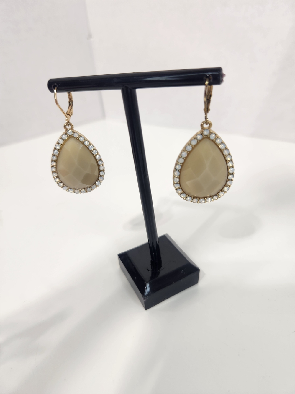 Gold Teardrop Earrings with Beige Stone and Crystal Halo